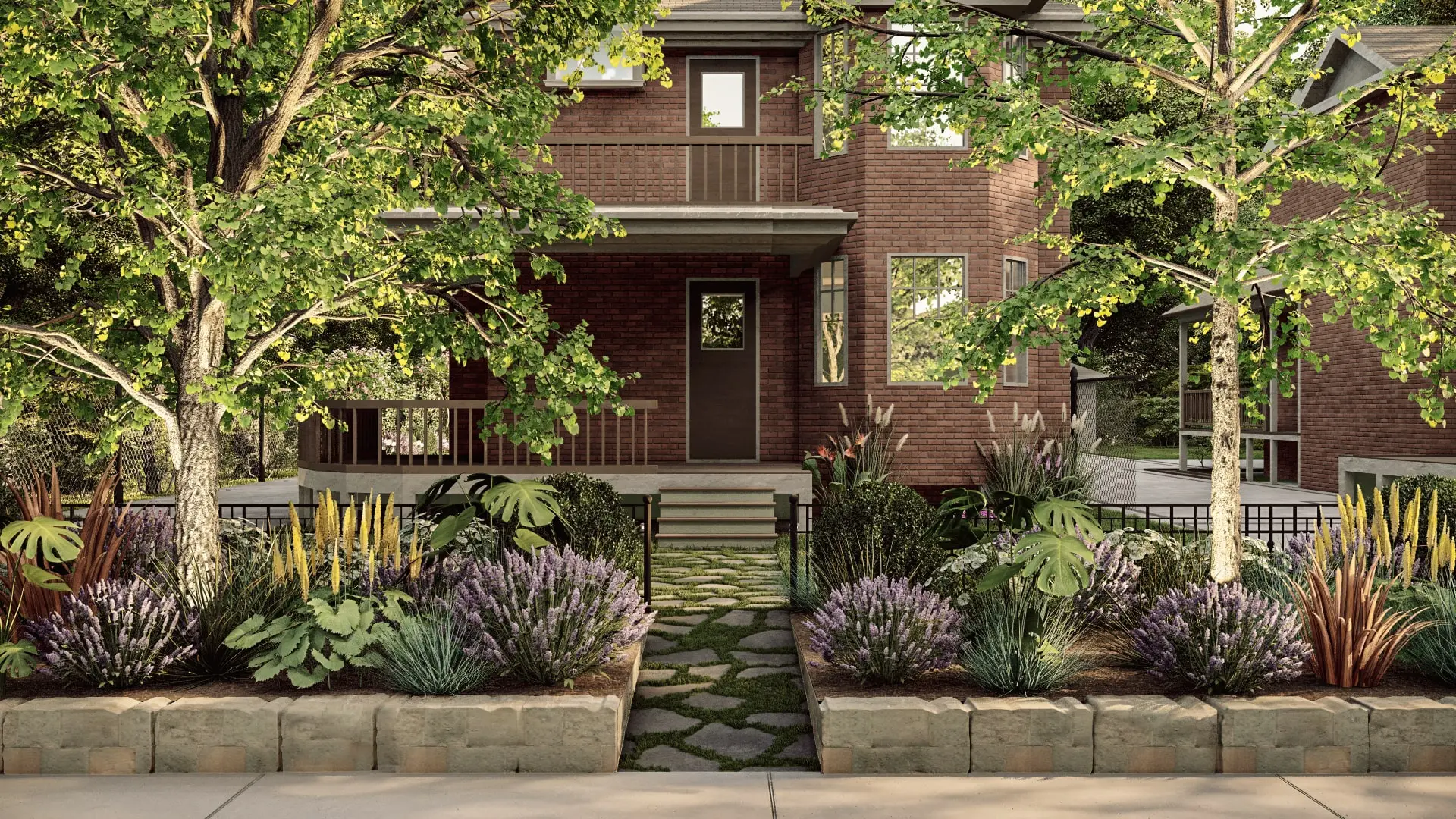 Welcoming front yard design featuring a stone walkway flanked by blooming lavender and yellow flowers, leading to a cozy red brick house with mature trees.